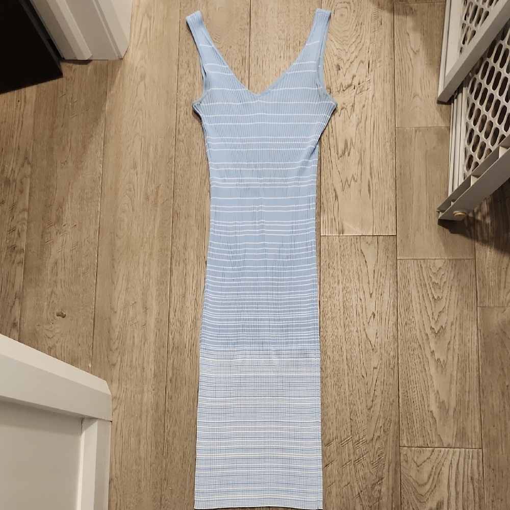 STAUD Light Blue & White Strapless Ribbed Midi Dress